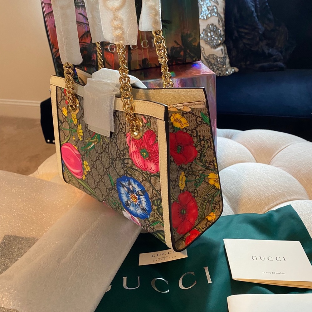 ✨NEW!✨GUCCI✨GG GUCCISSIMA SUPREME FLORA CANVAS & LEATHER PADLOCK CHAIN BAG - Picture 5 of 16
